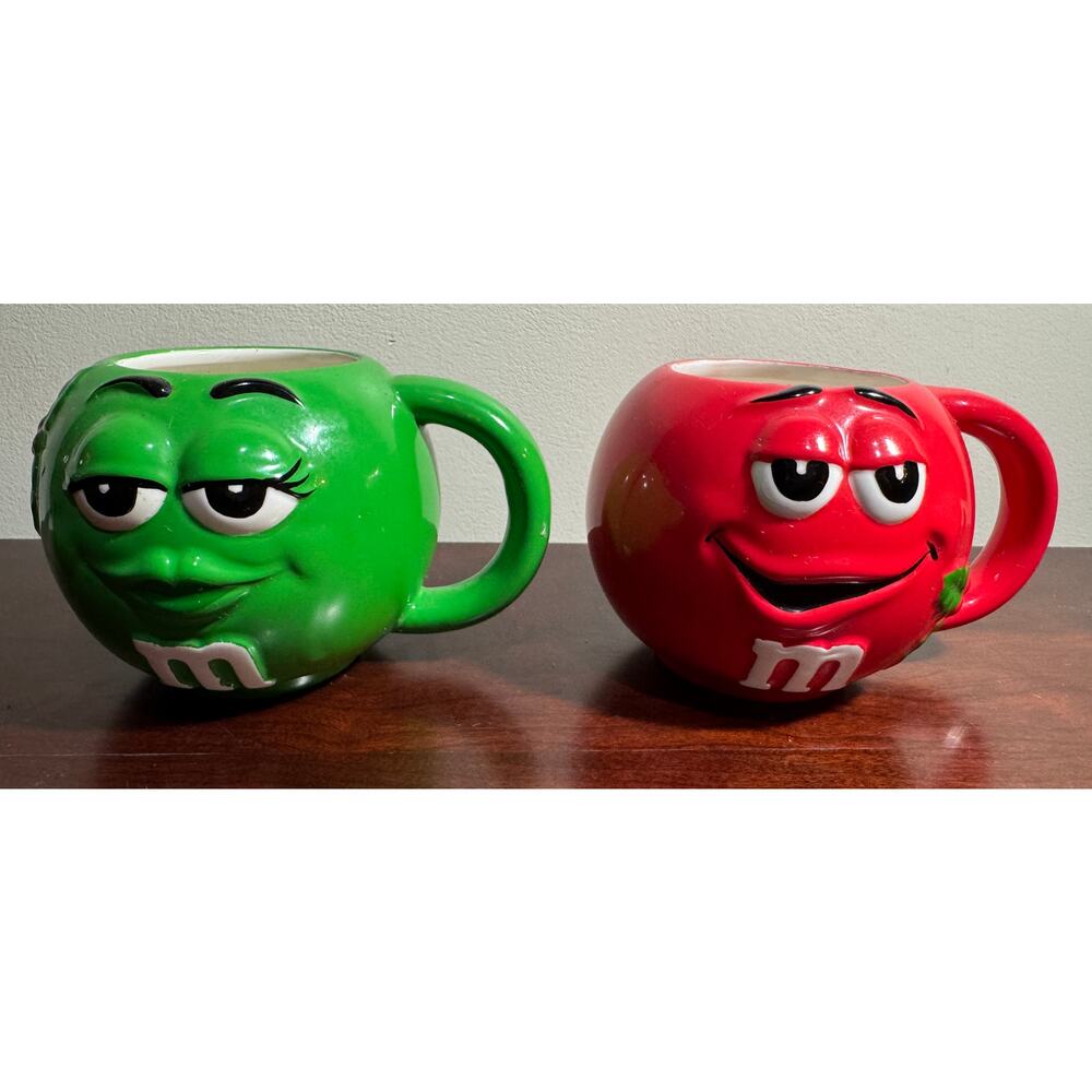 Set of 2 M&M Red & Green Mugs Cups with Holly Rounded 3" Tall Galerie Mars